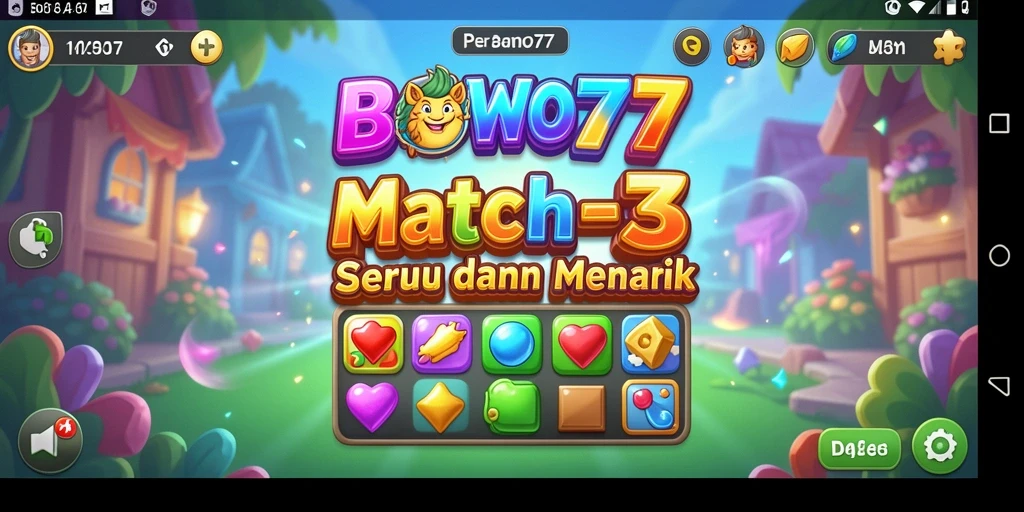 Tampilan gameplay seru BOWO77 dengan kombinasi Match-3 yang menarik.