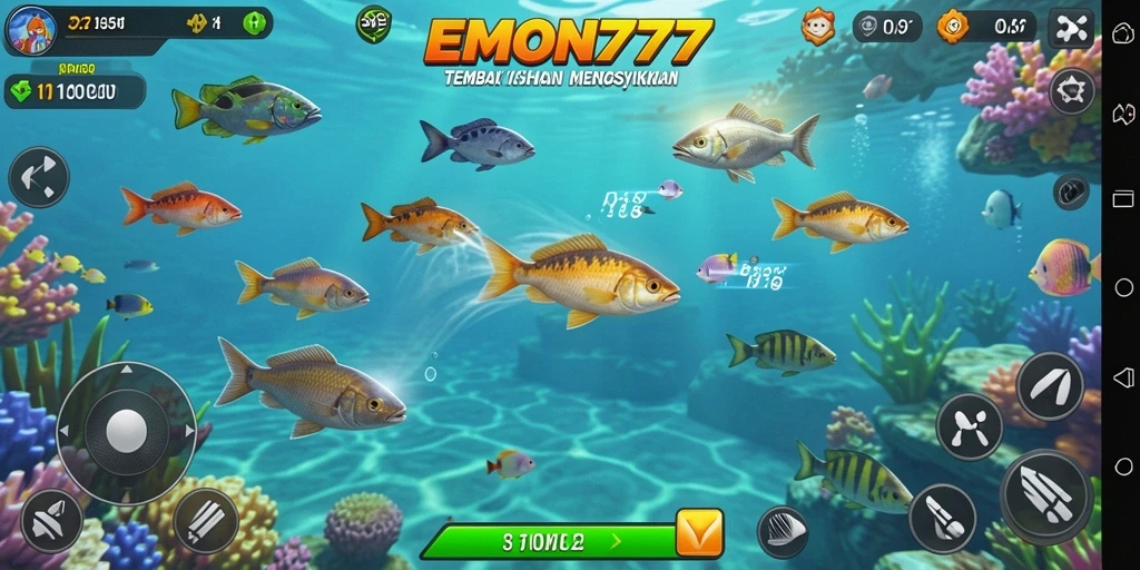 Screenshot gameplay EMON777 menampilkan aksi menembak ikan yang mendebarkan.