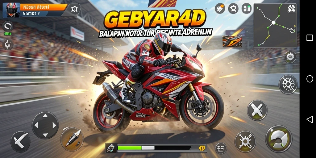 Screenshot gameplay GEBYAR4D yang mendebarkan saat balapan motor.