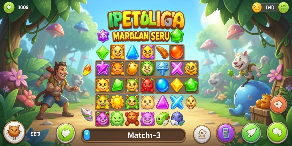 Screenshot utama ID098 menunjukkan gameplay Match-3 yang penuh warna dan menyenangkan.