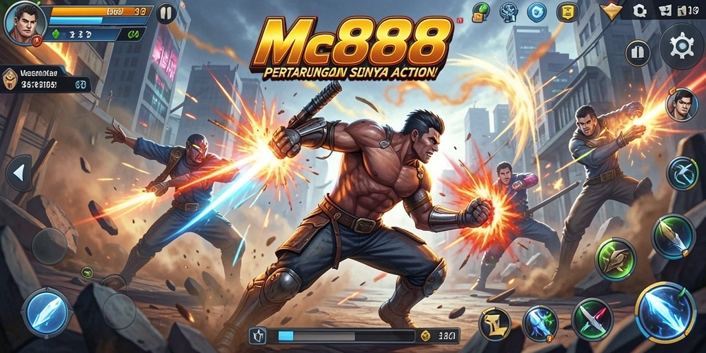 Tangkapan layar utama MC888 menunjukkan karakter dalam pertarungan seru di arena.