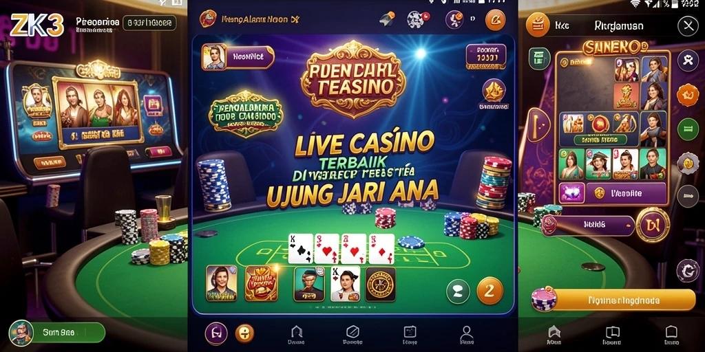 Screenshot utama ZK3 menampilkan dealer dan pemain dalam sesi Live Casino yang interaktif.